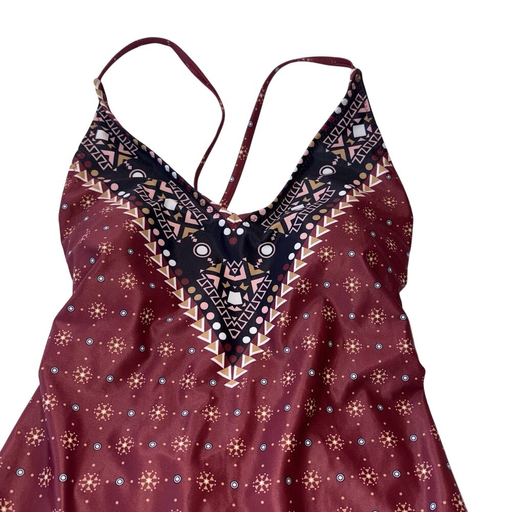 Cupshe Tribal One Piece Swimsuit Burgundy Maroon Lace Up Back Boho Size Xl